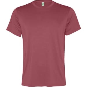 A maroon t-shirt with a classic crew neck and short sleeves. It features a label inside but no visible branding.