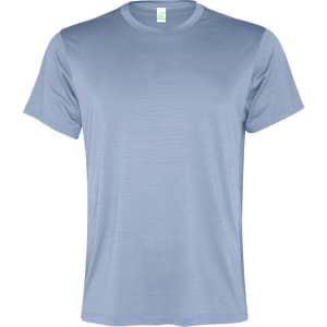 A light blue t-shirt featuring a crew neck design and a brand logo on the label.