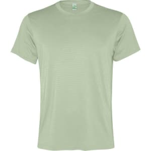 A light green T-shirt with short sleeves and a round neck, featuring a brand logo on the label.