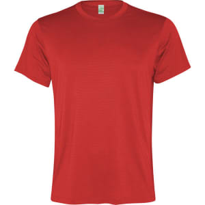 A plain red t-shirt with short sleeves and a classic crew neck design. It features a label at the collar.
