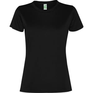 A black women's T-shirt with a crew neckline and short sleeves. It features a logo on the label.