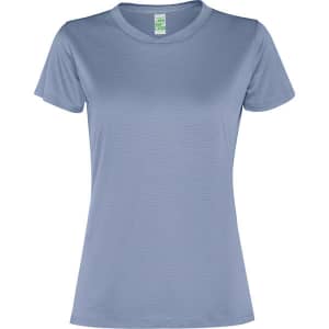 A blue womens' T-shirt with a simple design and a crew neckline, featuring a logo on the label.