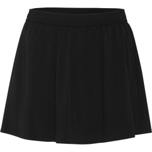 A black skort featuring pleats and an elastic waistband, designed as a casual bottom option.