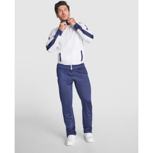 A tracksuit featuring a white jacket with navy stripes and matching navy pants. The jacket has a zip and a logo.