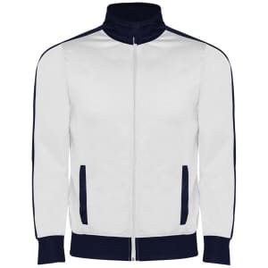 A white track jacket with navy blue accents, featuring a high collar and zip front, and side pockets.