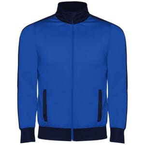 A blue tracksuit jacket with a high collar and dark navy accents, featuring a zipper and side pockets.