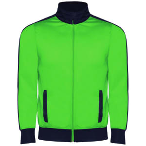 A bright green tracksuit jacket with navy blue accents and a zip front, featuring side pockets and a collar.