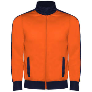 An orange track jacket with navy blue accents and a zip front, featuring side pockets and a high collar.
