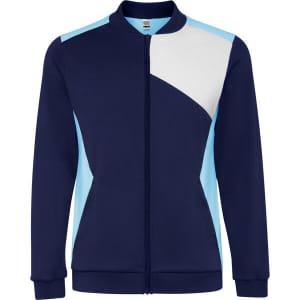 A youth track jacket in navy blue with light blue and white accents, featuring a front zipper and a logo.