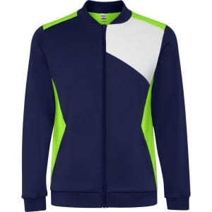 A navy and lime track jacket featuring a zip front and a design with contrasting white and green panels.