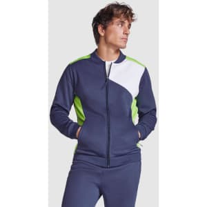 A navy track jacket featuring white and green accents, styled with a front zip and side pockets.