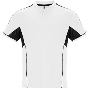 A short-sleeved sports top in white with black accents and a zip collar, featuring a logo on the front.