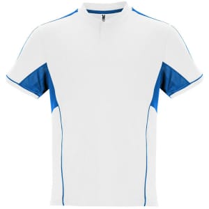 A white sports shirt with blue accents and a zip neck, featuring a logo on the front.