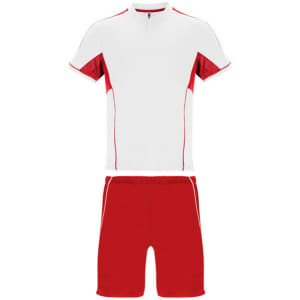 A sports uniform featuring a white and red short-sleeve top with matching red shorts. It includes a logo.