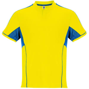 A yellow sports uniform top with blue accents, featuring a collar and short sleeves. It has a logo on the chest.