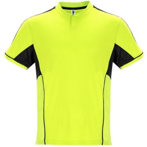 A sports uniform shirt in bright yellow with black accents and a short collar, featuring a logo.