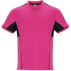 A short-sleeved sports shirt in pink with black accents and a logo on the collar.