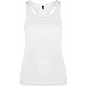 A white tank top featuring a sleek design and a logo on the neckline. Ideal for casual wear or exercise.