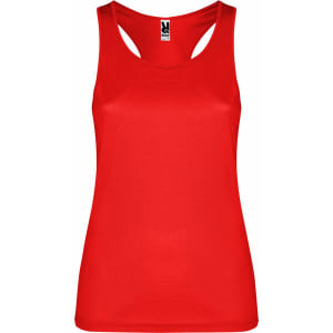 A red tank top with a sleeveless design and a logo on the label.