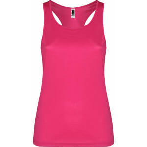 A bright pink tank top with a sporty design and a logo on the tag.