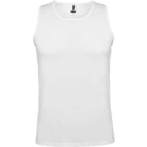 A white tank top with a logo, featuring a classic singlet design.