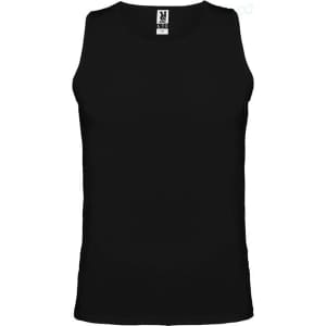 A black tank top with a round neckline and a logo on the label. It features no sleeves and a fitted design.