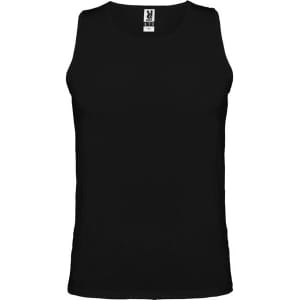 A black tank top with a round neckline and a logo on the label. It features no sleeves and a fitted design.