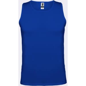A blue tank top with a crew neckline and a label, featuring a logo.