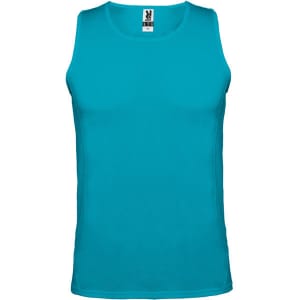 A turquoise tank top with a fitted style and a logo on the label. Ideal for warm weather wear.