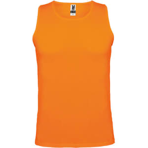 An orange tank top with a round neckline and a brand logo at the collar.