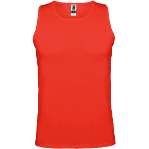A red tank top with a logo at the neckline. It features a sleeveless design suitable for casual wear.