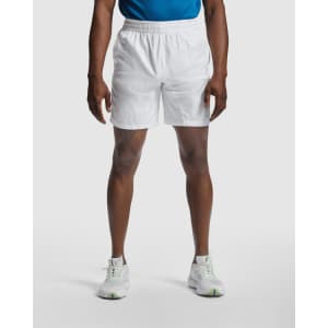 White sports shorts are featured, displayed on a person standing with hands at their sides.