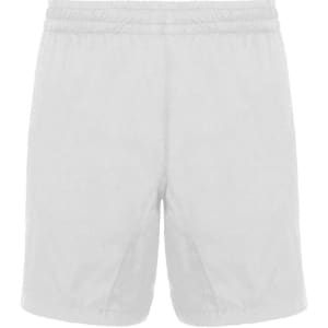 A pair of grey sports shorts featuring an elastic waistband and a logo.
