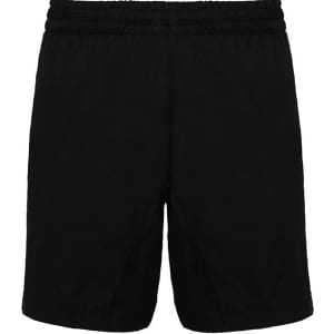 A pair of black sports shorts with an elastic waistband and side slits, featuring a logo.
