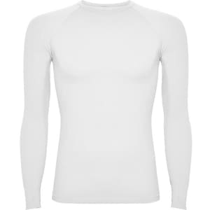 A white long-sleeved t-shirt with a fitted design and logo branding on it.