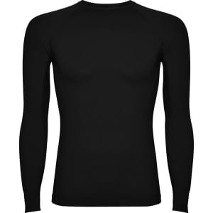 A black long-sleeved t-shirt with a fitted design and a logo on the front.
