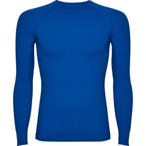 A blue long-sleeved T-shirt with a fitted design, featuring a logo or branding.