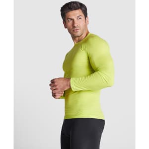 A fitted long-sleeved T-shirt in vibrant lime green, featuring a sleek design and a logo on the sleeve.