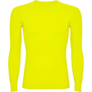 A long-sleeved t-shirt in bright yellow, featuring a fitted design and a simple branding logo.