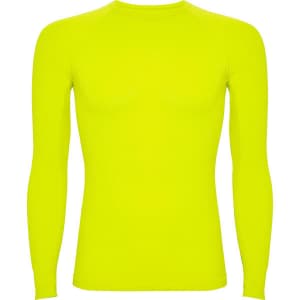 A bright yellow long-sleeved T-shirt with a fitted design and a logo.