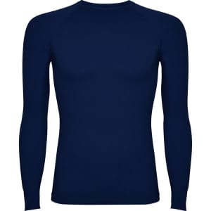 A navy long-sleeved T-shirt with a fitted design and a discreet logo on the front.