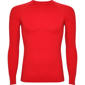 A red long-sleeved T-shirt with a fitted design and raglan sleeves, featuring a logo.