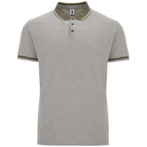 A grey polo shirt featuring a contrasting collar and sleeve trim, with a logo on the label.
