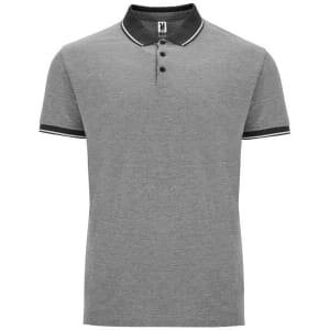 A grey polo shirt with a collar, featuring contrasting trim and a logo at the neck.