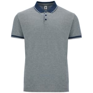 A grey polo shirt featuring a navy collar and trim, with a logo on the tag. Short sleeves and a classic fit.