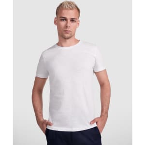 A white t-shirt is displayed on a model, featuring a classic crew neck and short sleeves. The model has a neutral expression.