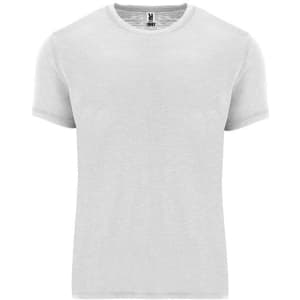 A plain white T-shirt with a round neckline and short sleeves. It features a small logo at the neck.