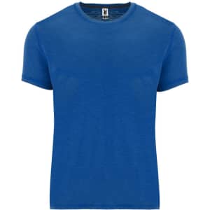 A blue T-shirt with a classic round neckline and short sleeves, featuring a logo on the label.