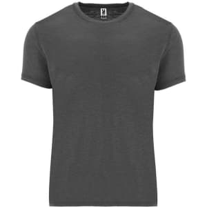 A grey short-sleeved t-shirt with a round neck and a branding logo.