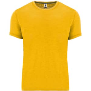 A bright yellow T-shirt with short sleeves and a plain design, featuring a small logo on the tag.